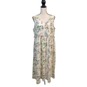 Studio Park V-Neck Cream Floral Midi Dress Empire Waist Feminine Summer Sz LP